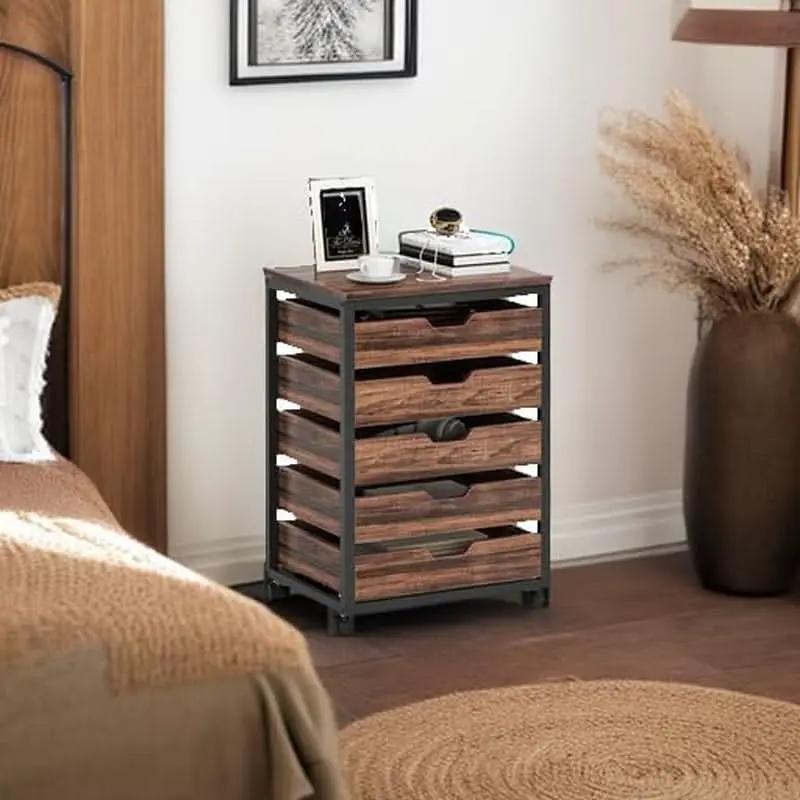 Industrial Five Drawer Wood Dresser Cart BrownFinish from PriceLows™