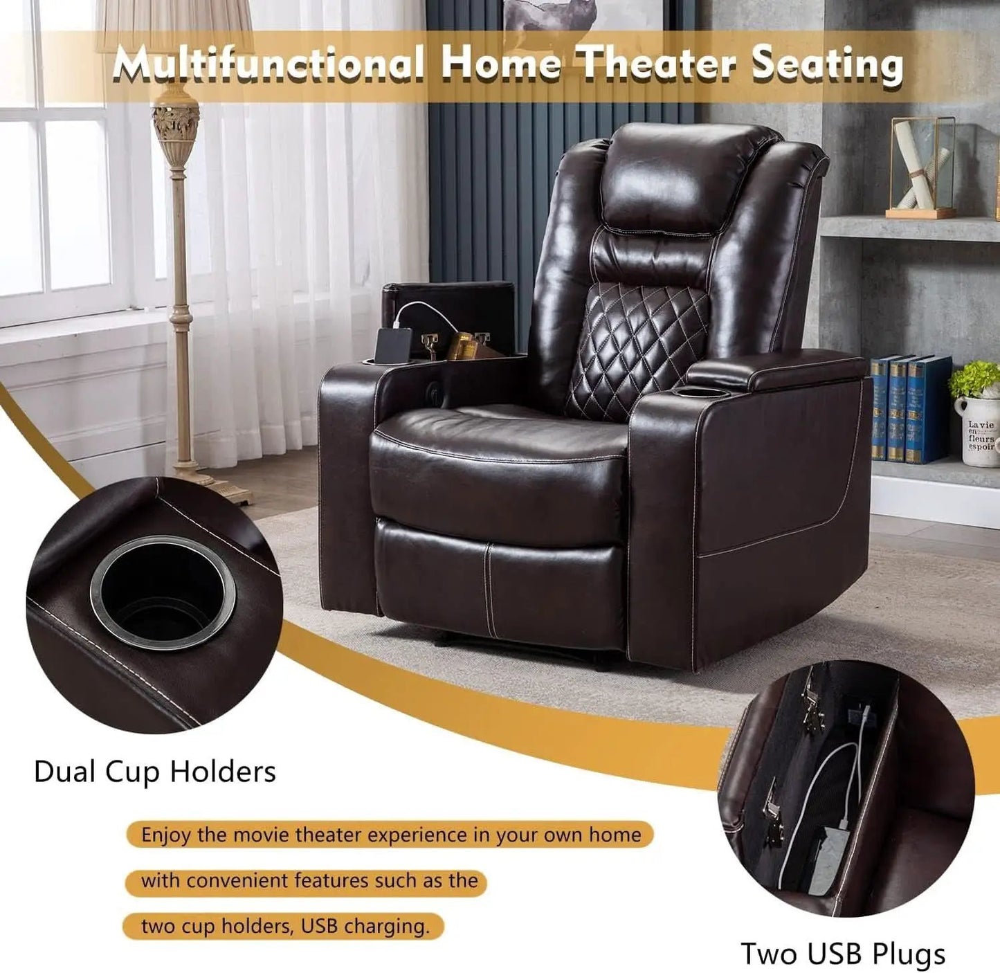 Power Recliner Chair With USB Ports And Cup Holders Brown from PriceLows™
