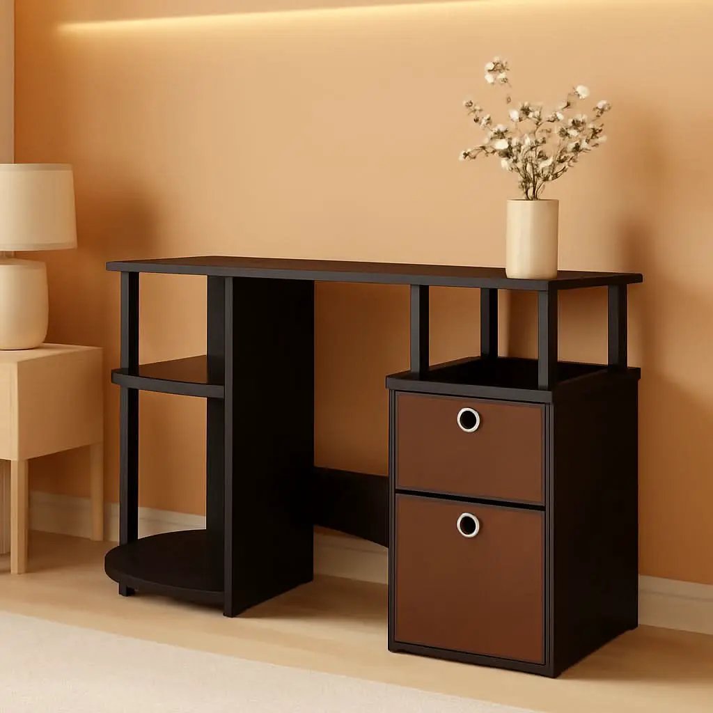 Jaya Brown Computer Study Desk With Storage Bins And Shelf from PriceLows™