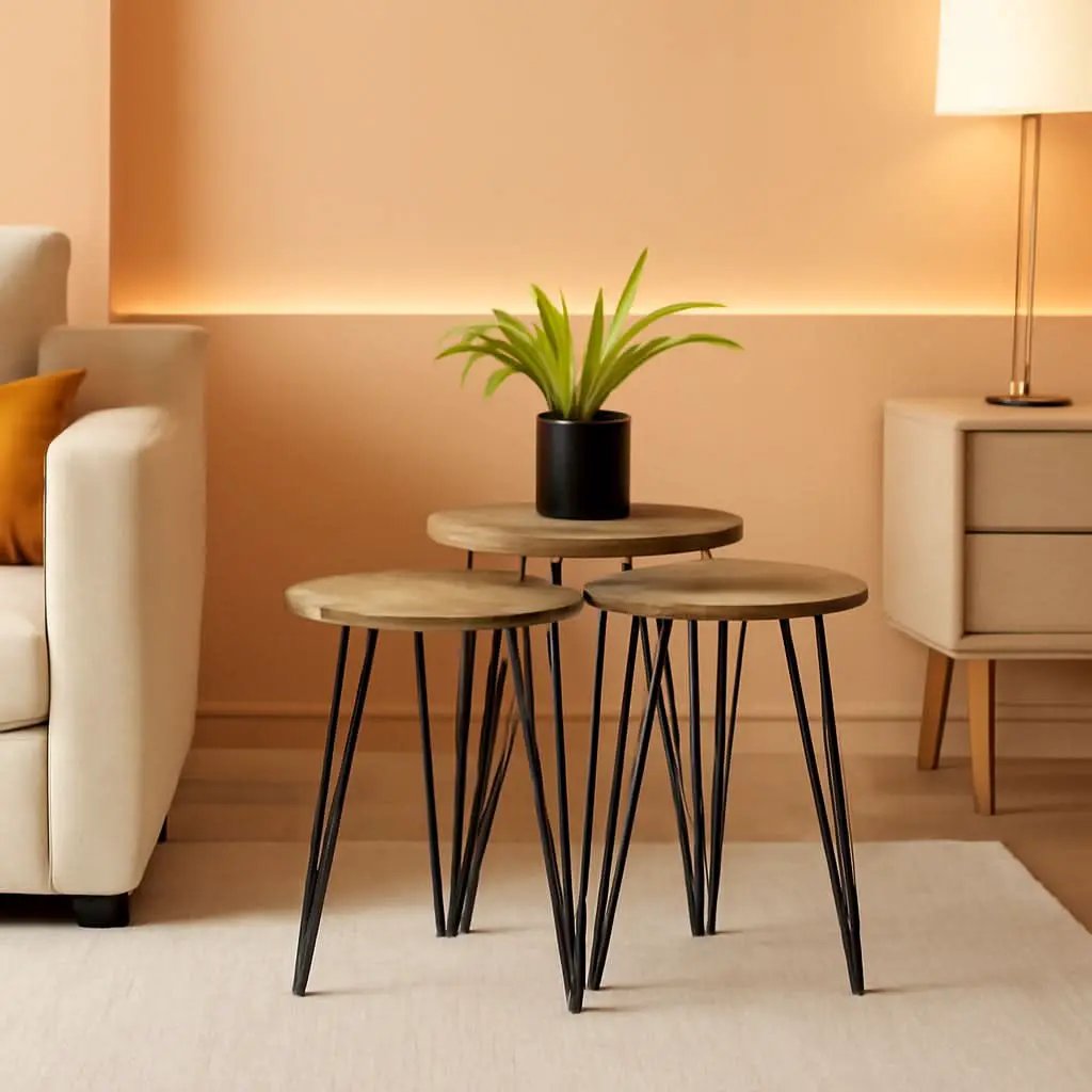 Grey Pine Wood Round Nesting End Tables Set Of 3 With Metal Frame from PriceLows™
