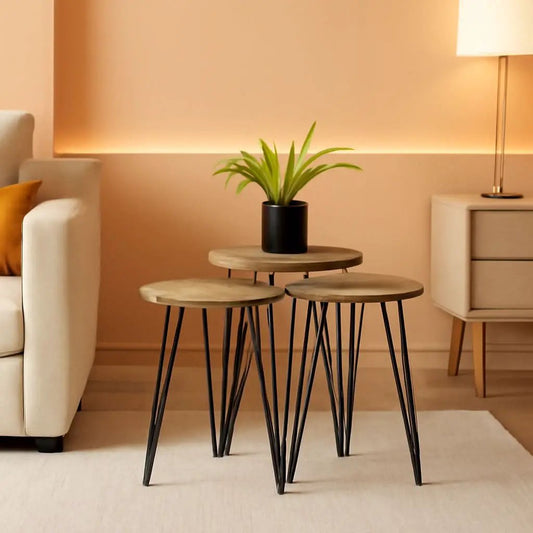 Grey Pine Wood Round Nesting End Tables Set Of 3 With Metal Frame from PriceLows™