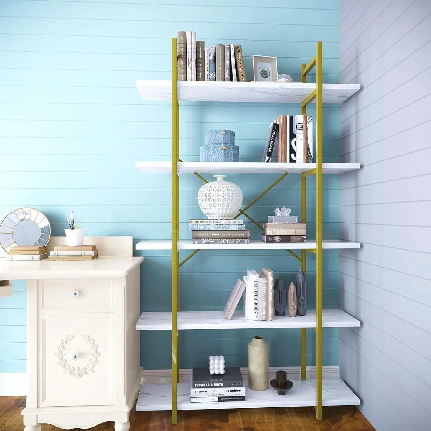 Five Tier Bookshelf Organizer White Faux Marble Metal Open Display from PriceLows™