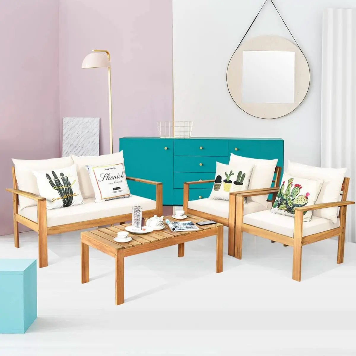 Outdoor Acacia Wood 4-Piece Chat Set Teak Finish Cushions from PriceLows™