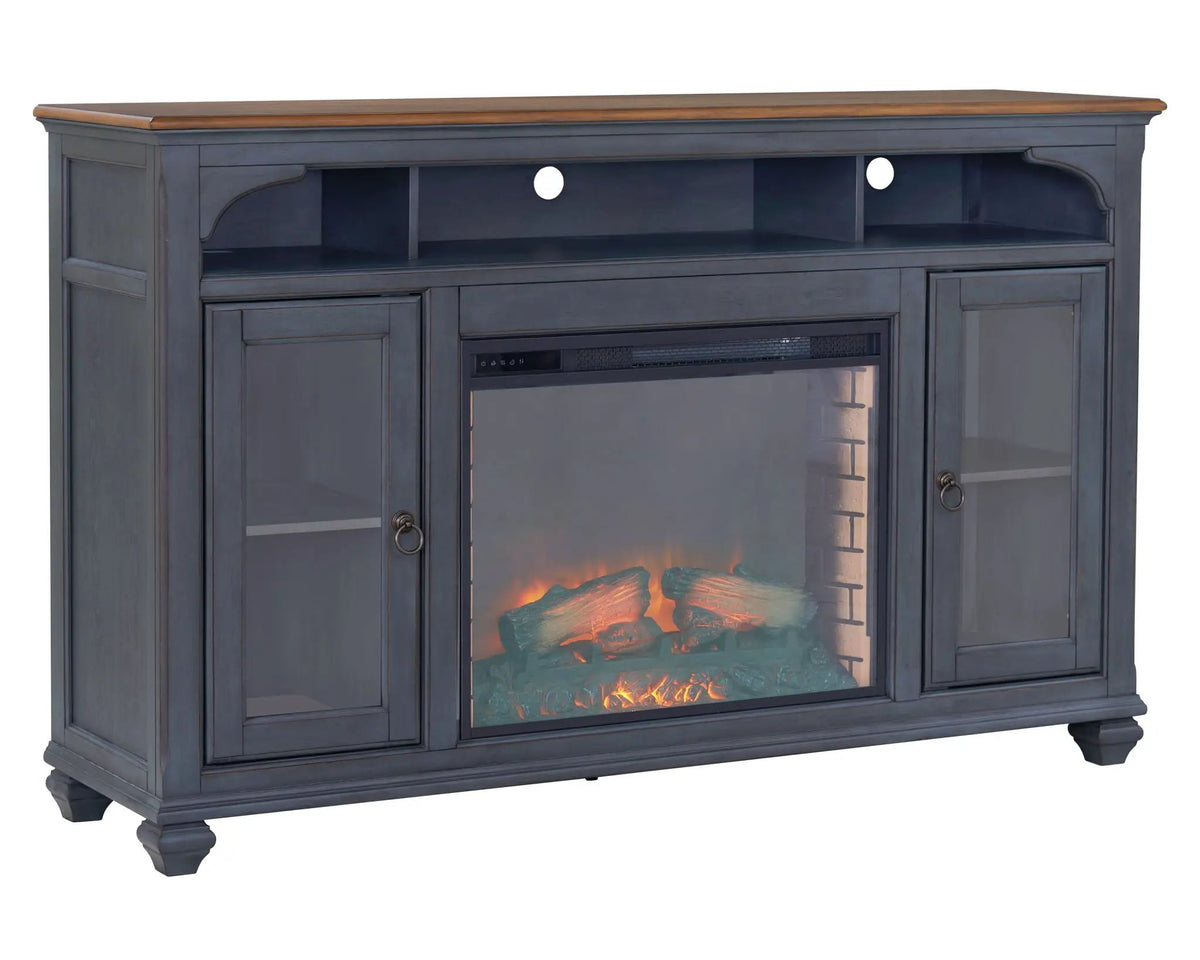 Fireplace TV Stand | Fits TVs Up To 80 Inch | Blue | Two Framed Glass Doors