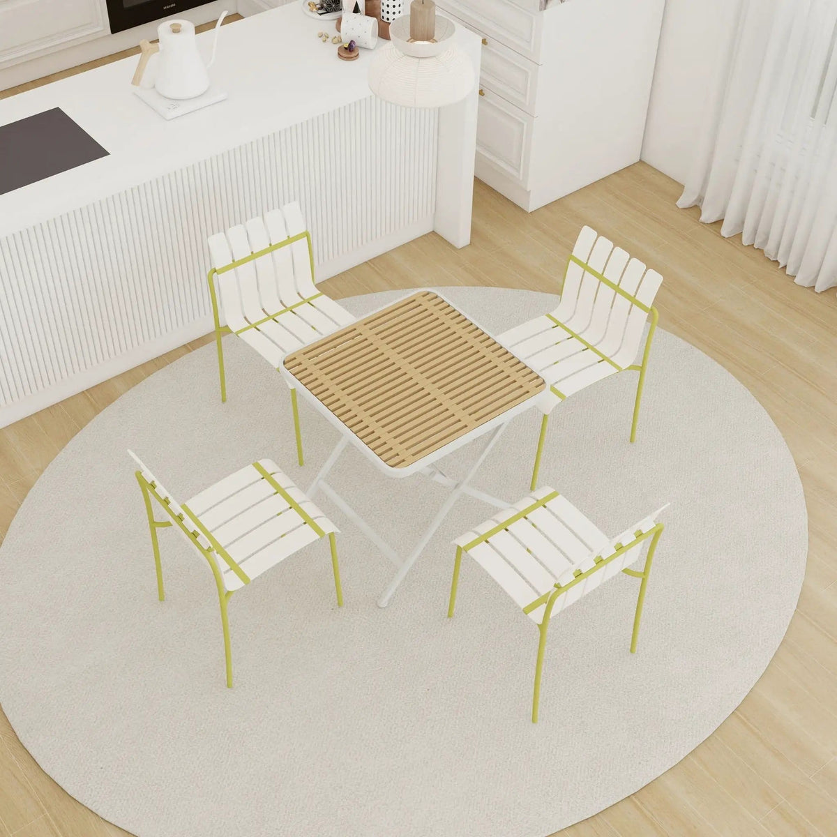 4 Piece Set Of Modern Color Block Designed Single Chairs With Folding Square Table | 4-Piece Set | Metal | Outdoor Living