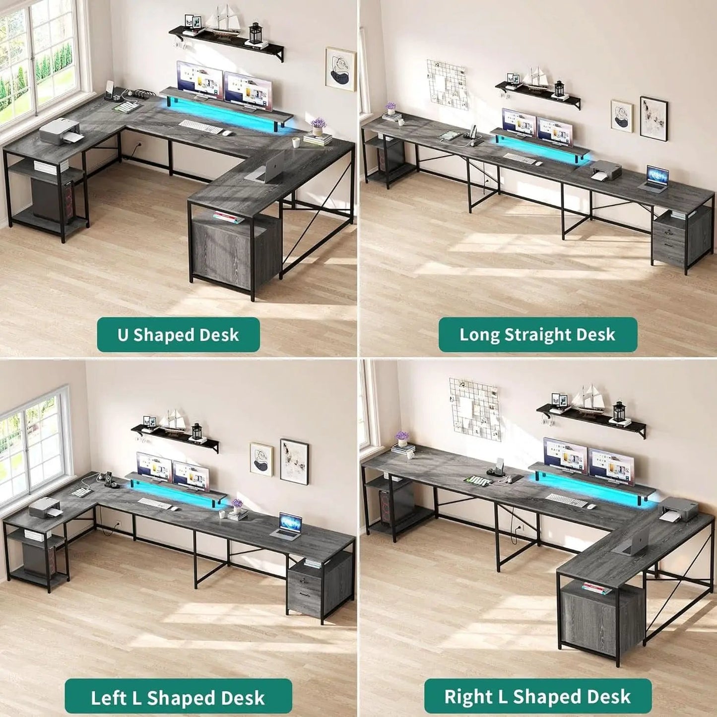 U Shaped Desk 79 Inch Power Outlets And Led Lights Grey from PriceLows™