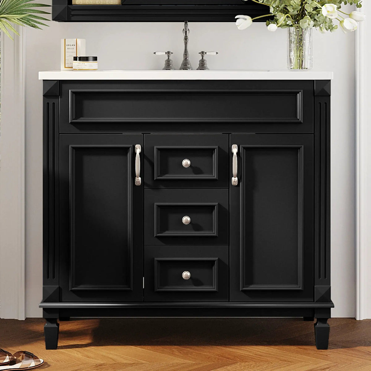 36 Inch Bathroom Vanity With Top Sink | Basin On Cabinet | 2 Soft Closing Doors | 2 Drawers