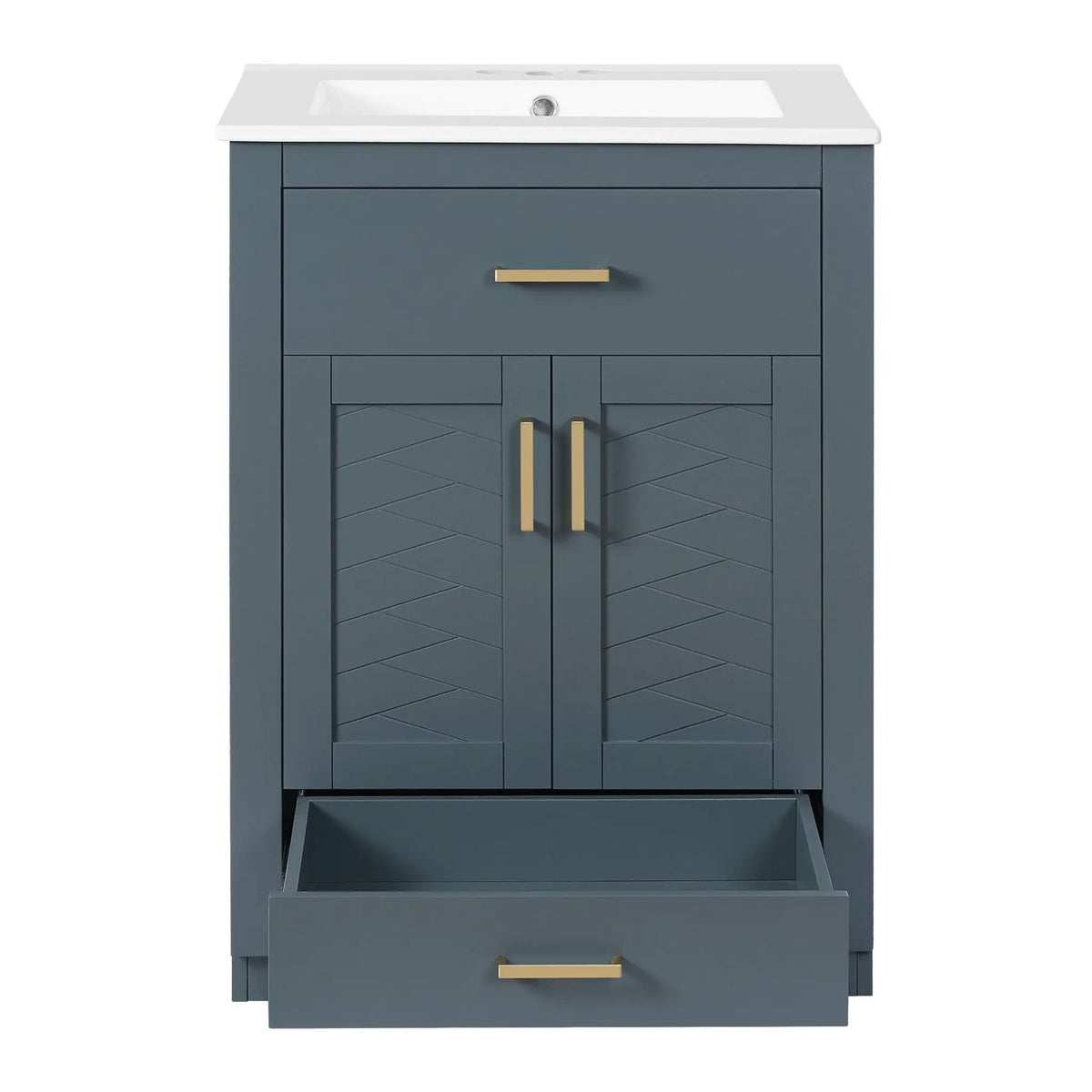 24 Inch Modern Vanity | Integrated Ceramic Sink | 2 Door Cabinet | Tip-Out Drawer