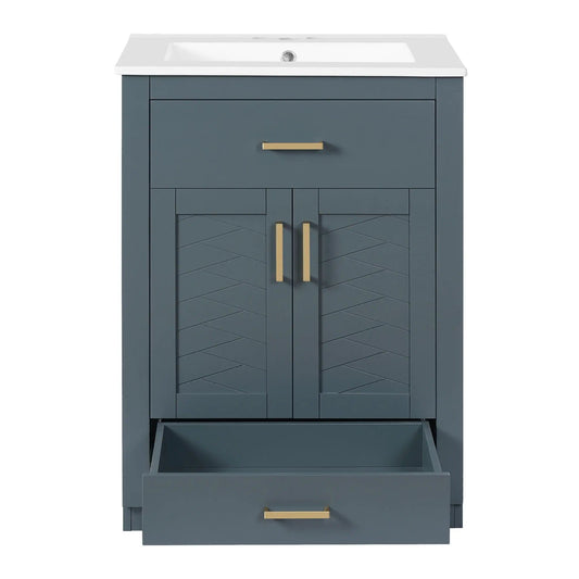 24 Inch Modern Vanity | Integrated Ceramic Sink | 2 Door Cabinet | Tip-Out Drawer