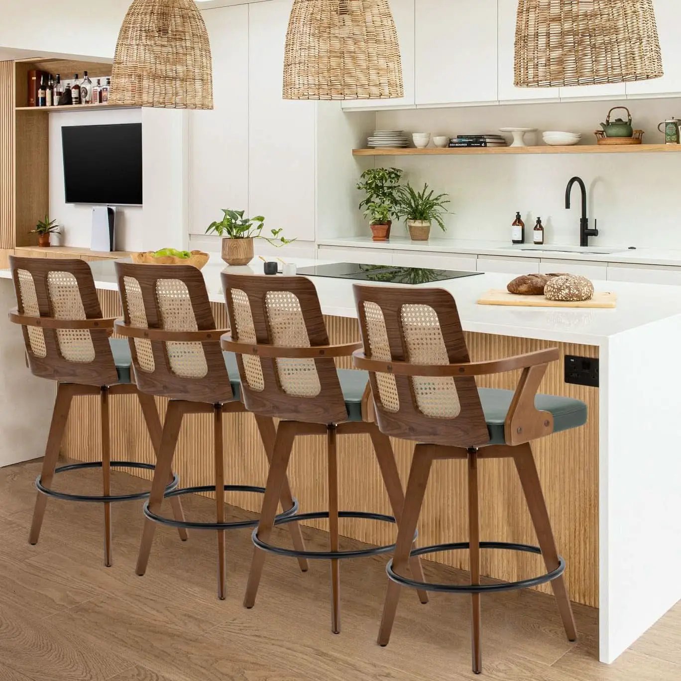 Swivel Counter Stools Set of Two with Rattan Back from PriceLows™