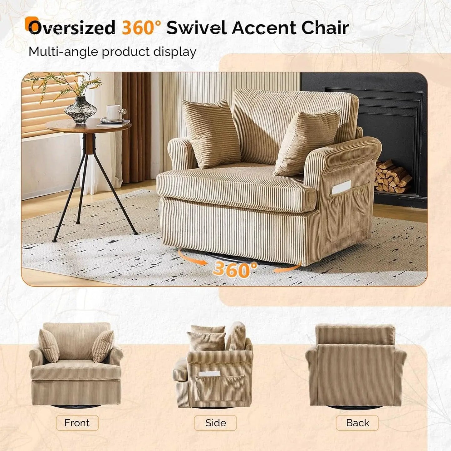 Vingl Modern 39.2Inch ExtraWide Swivel Armchair Khaki from PriceLows™