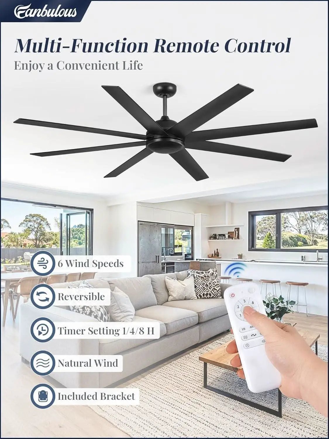72 Inch Black Ceiling Fan With Remote DC Motor For Indoor Outdoor from PriceLows™