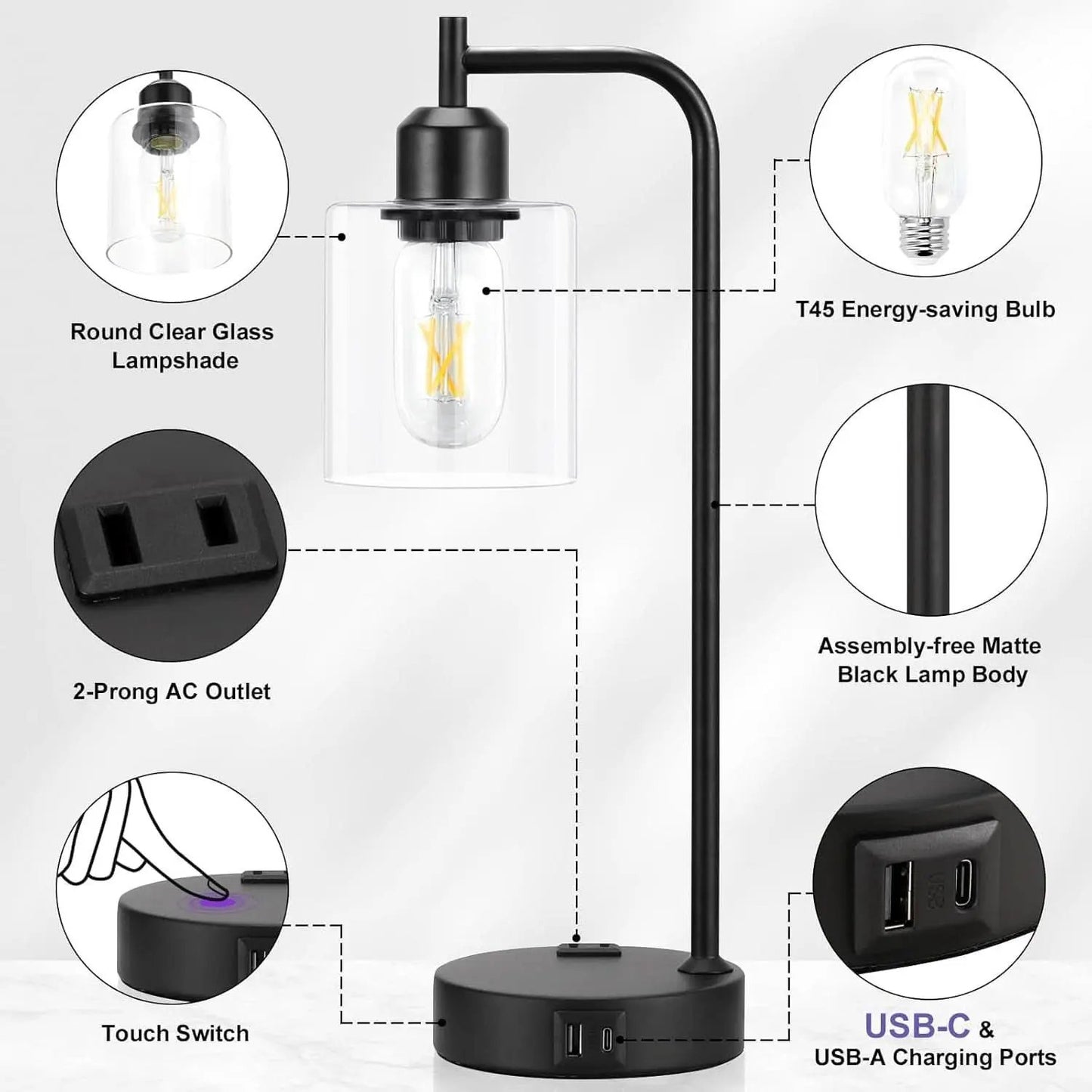 Industrial Touch Table Lamps Bundle Black 3 Way Dimmable USB from PriceLows™