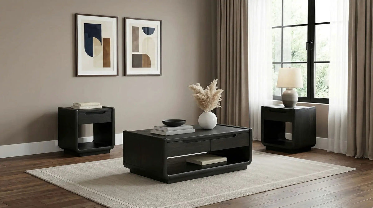 Leandro 3-piece Wood Coffee and End Table Set Burnished | 3-Piece Set | Engineered Wood & Veneer | Black
