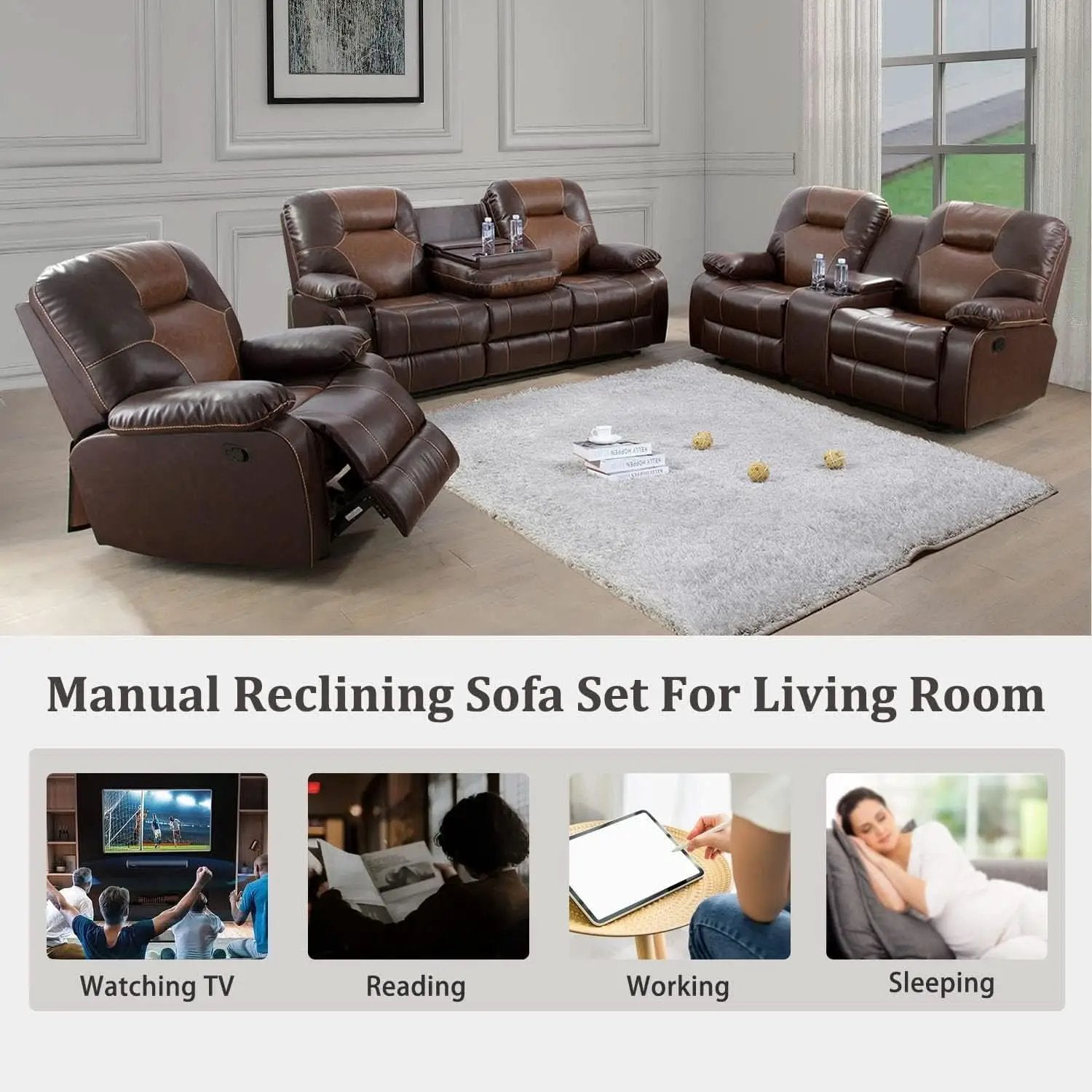 Manual Recliner Sofa Set Bonded Leather With Storage Console Brown 3 Piece from PriceLows™