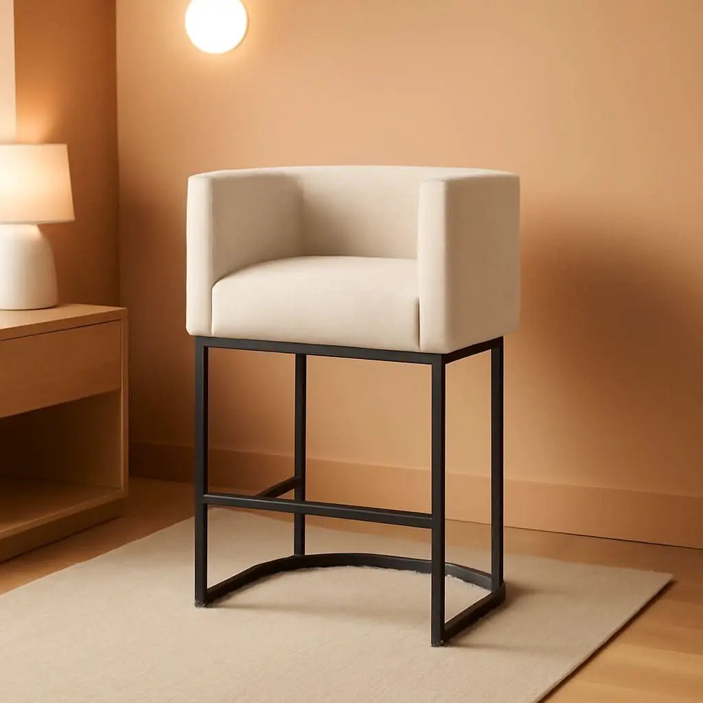 27 Inch Counter Height Bar Stool With Backrest And Armrests, Linen Upholstery, Black Metal Frame from PriceLows™