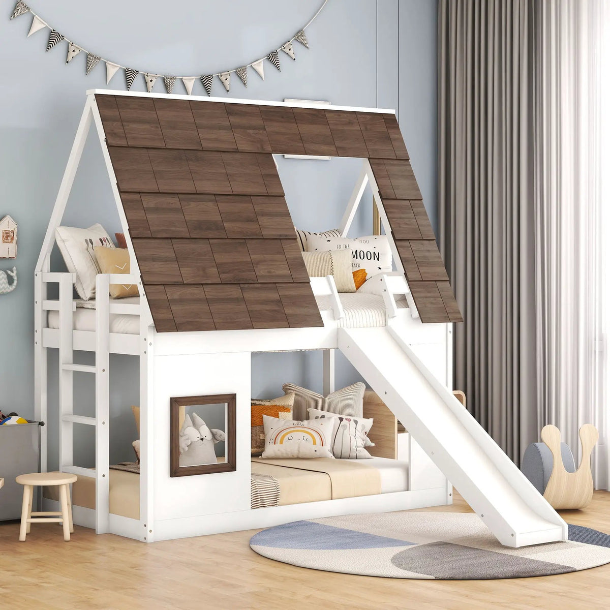 House Bunk Bed | Twin Size Solid Pine | Built In Slide | White Brown