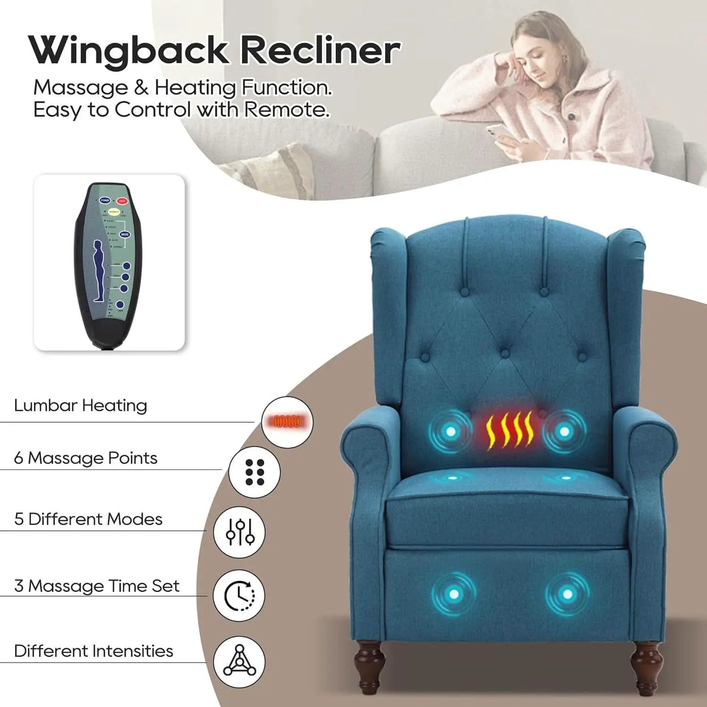 Wingback Recliner Chair With Massage And Heat Tufted Fabric from PriceLows™