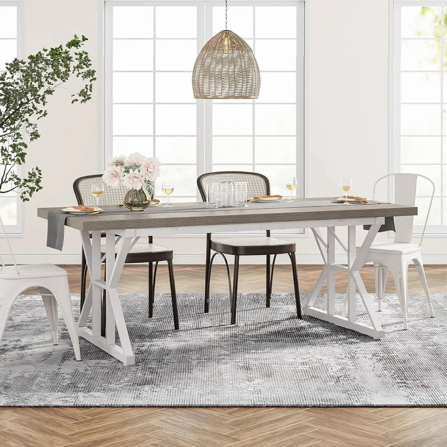 Farmhouse 6 Person Dining Table 70.8 Inch Grey Wood Table from PriceLows™