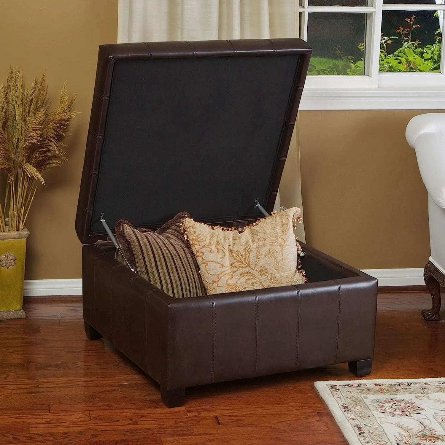 Marbled Brown Leather Storage Ottoman for Living Room from PriceLows™