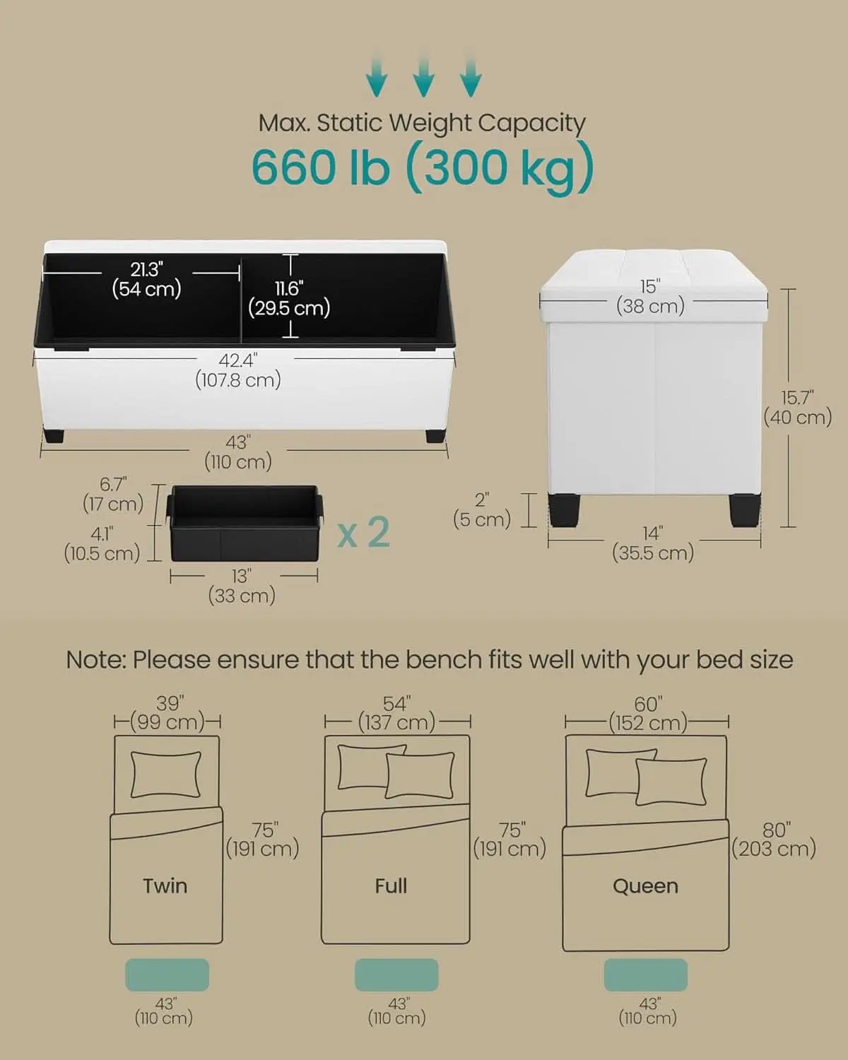 Cloud White Leatherette Storage Ottoman Bench 15x43 from PriceLows™