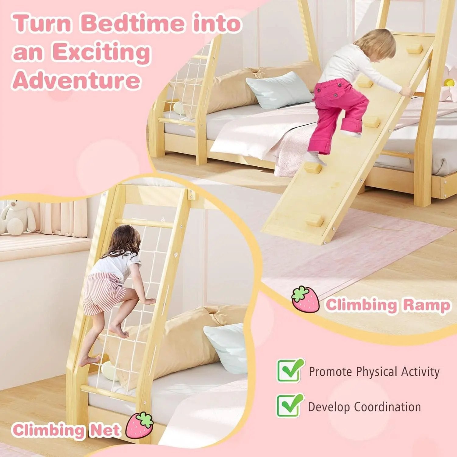 Twin Over Queen Bunk Bed With Climbing Nets Ramp Natural from PriceLows™