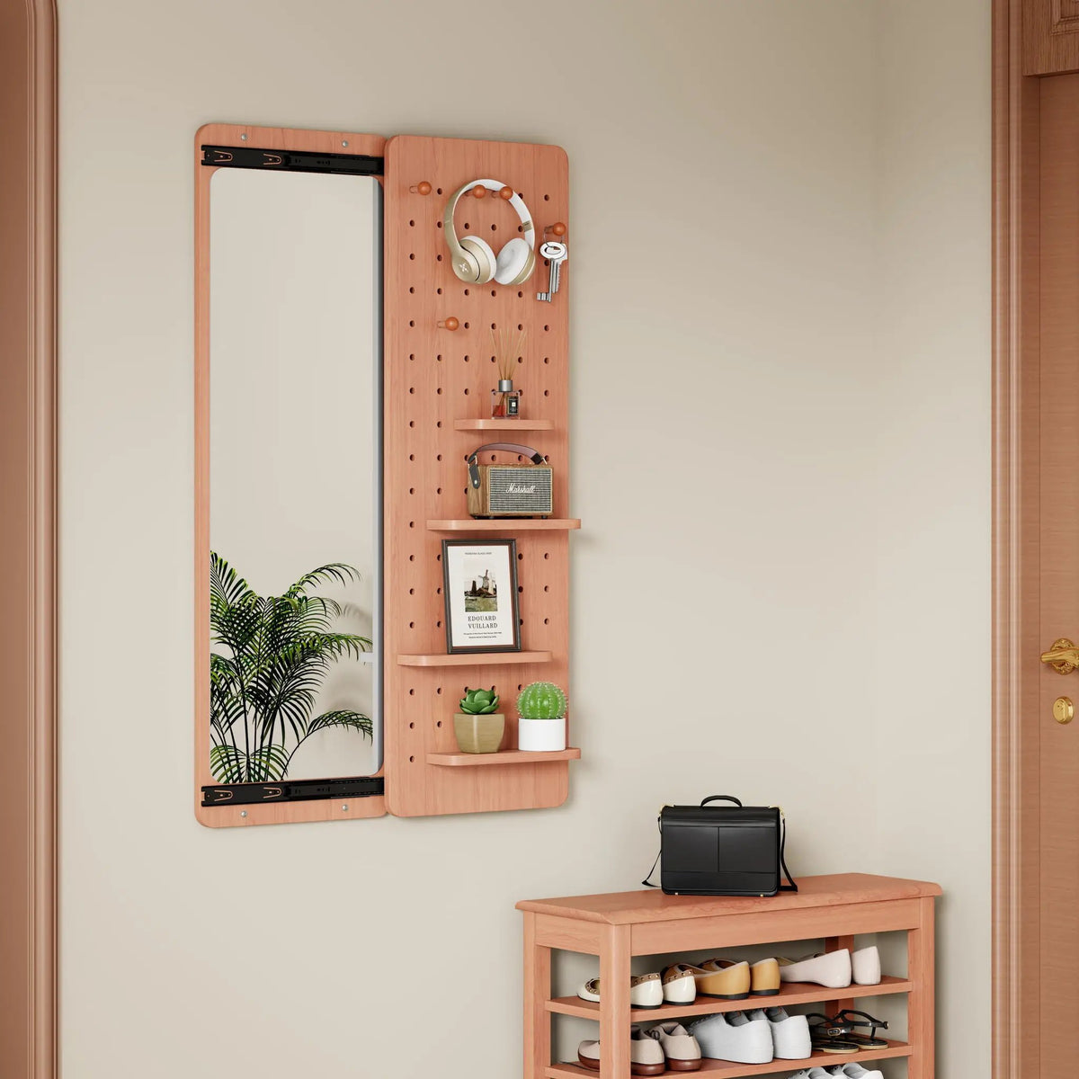 Wall Mounted Full Length Mirror | Shelf And Hook | Solid Rubber Wood | Push-Pull Removable Panel