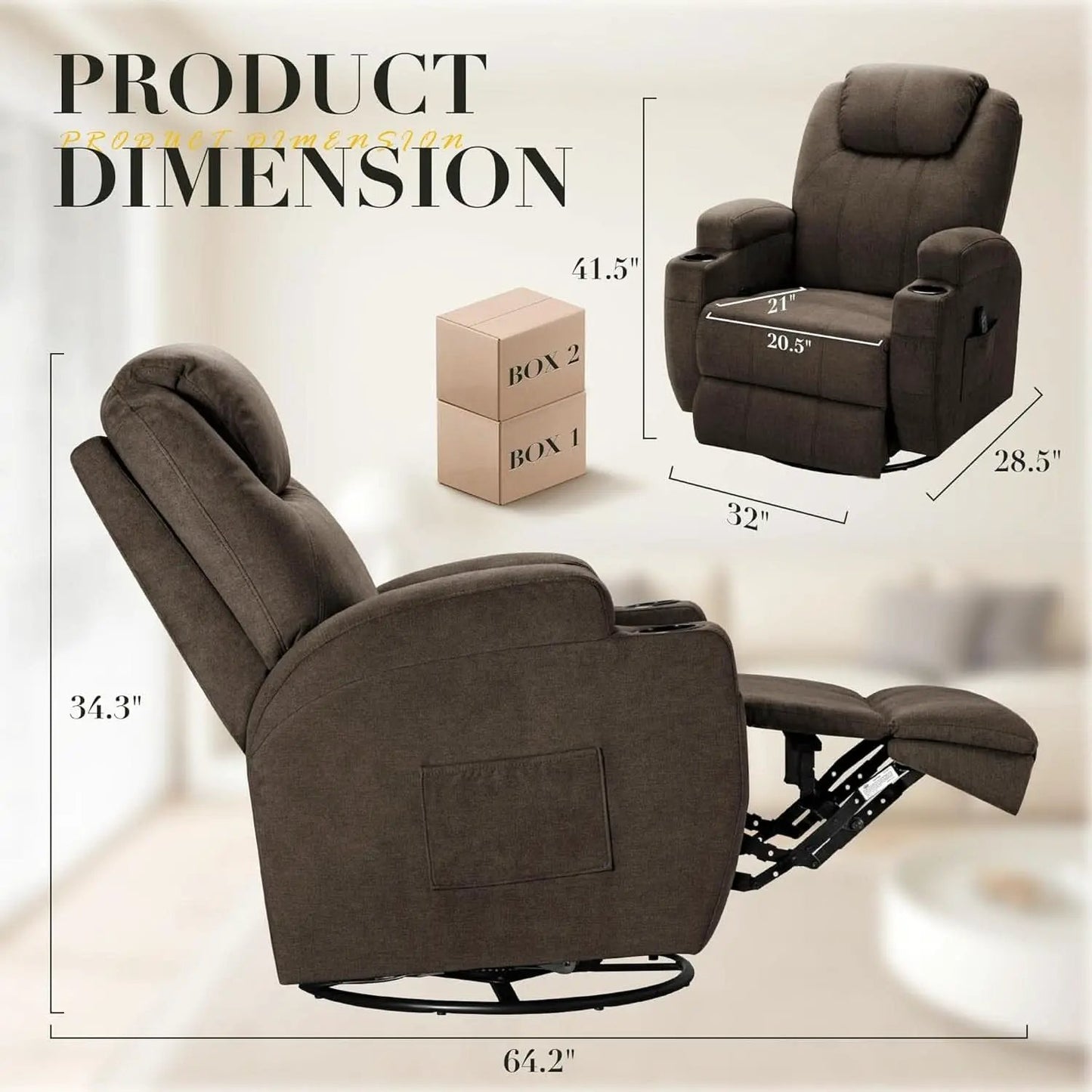 Brown Fabric Recliner Chair With 360 Swivel Massage from PriceLows™