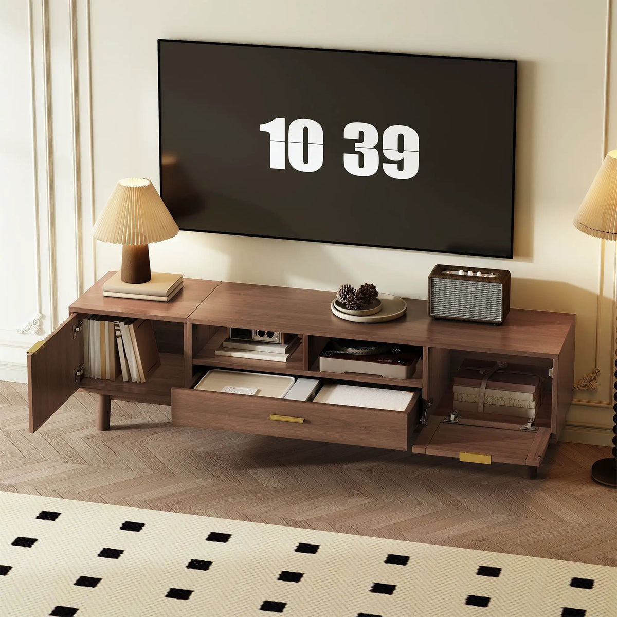 75 Inch TV Stand | Soft Closing Doors | Interwoven Rattan Door | Drop Down Cabinet