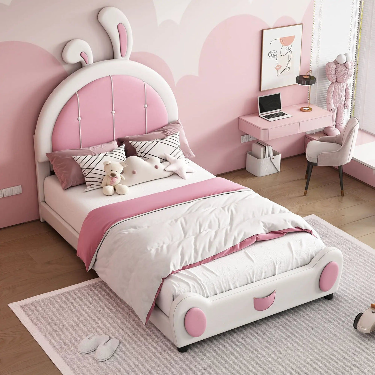 Upholstered Platform Bed With Rabbit Shaped Headboard | 78.7 x 39 x 55.12 in | Pine Wood | Bedroom