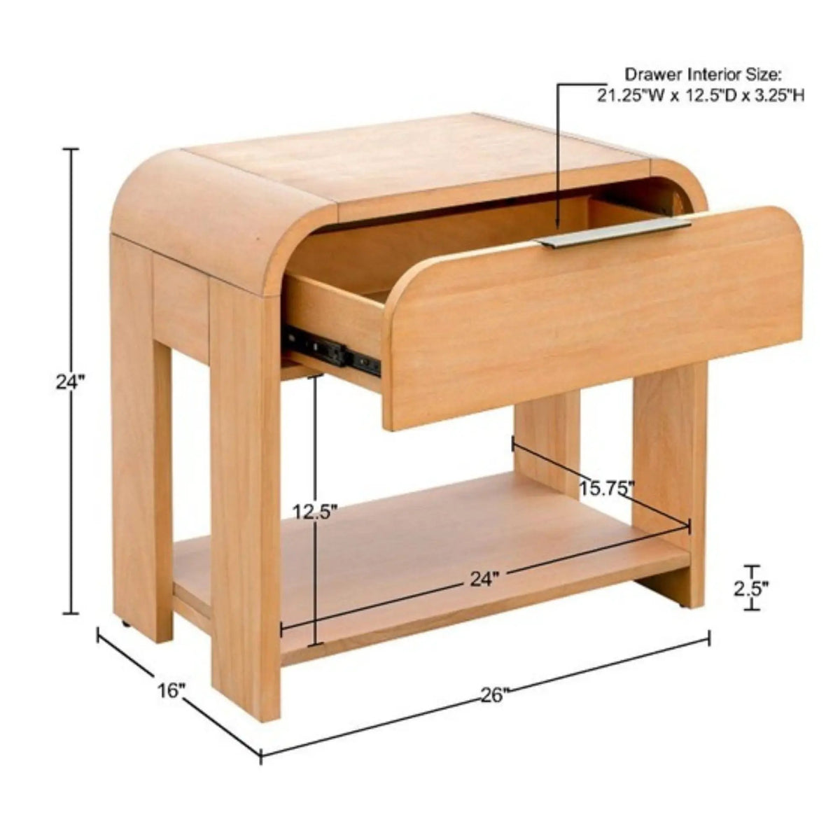 1 Drawer Waterfall Nightstand | Mid-Century Design | Natural Finish | Open Shelving