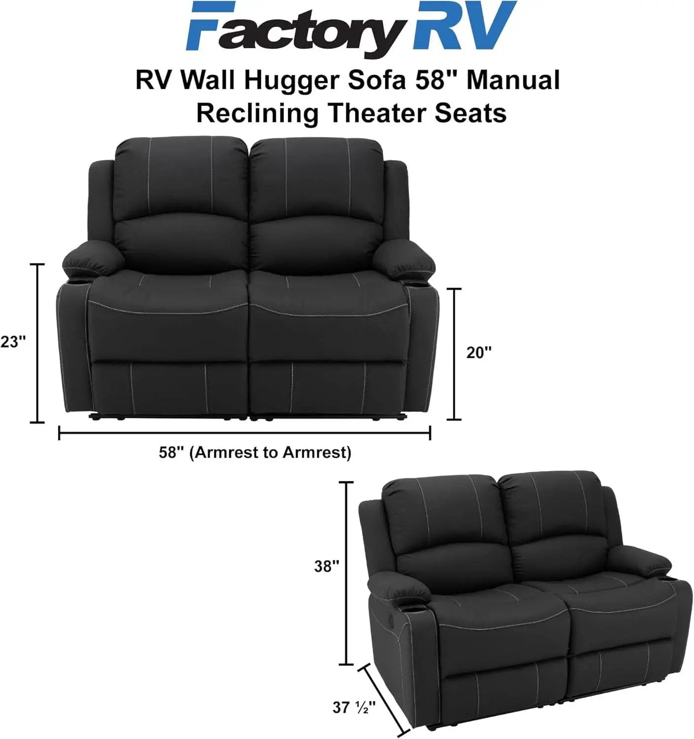 58 Inch Wall Hugger RV Theater Seats Double Recliner Black from PriceLows™