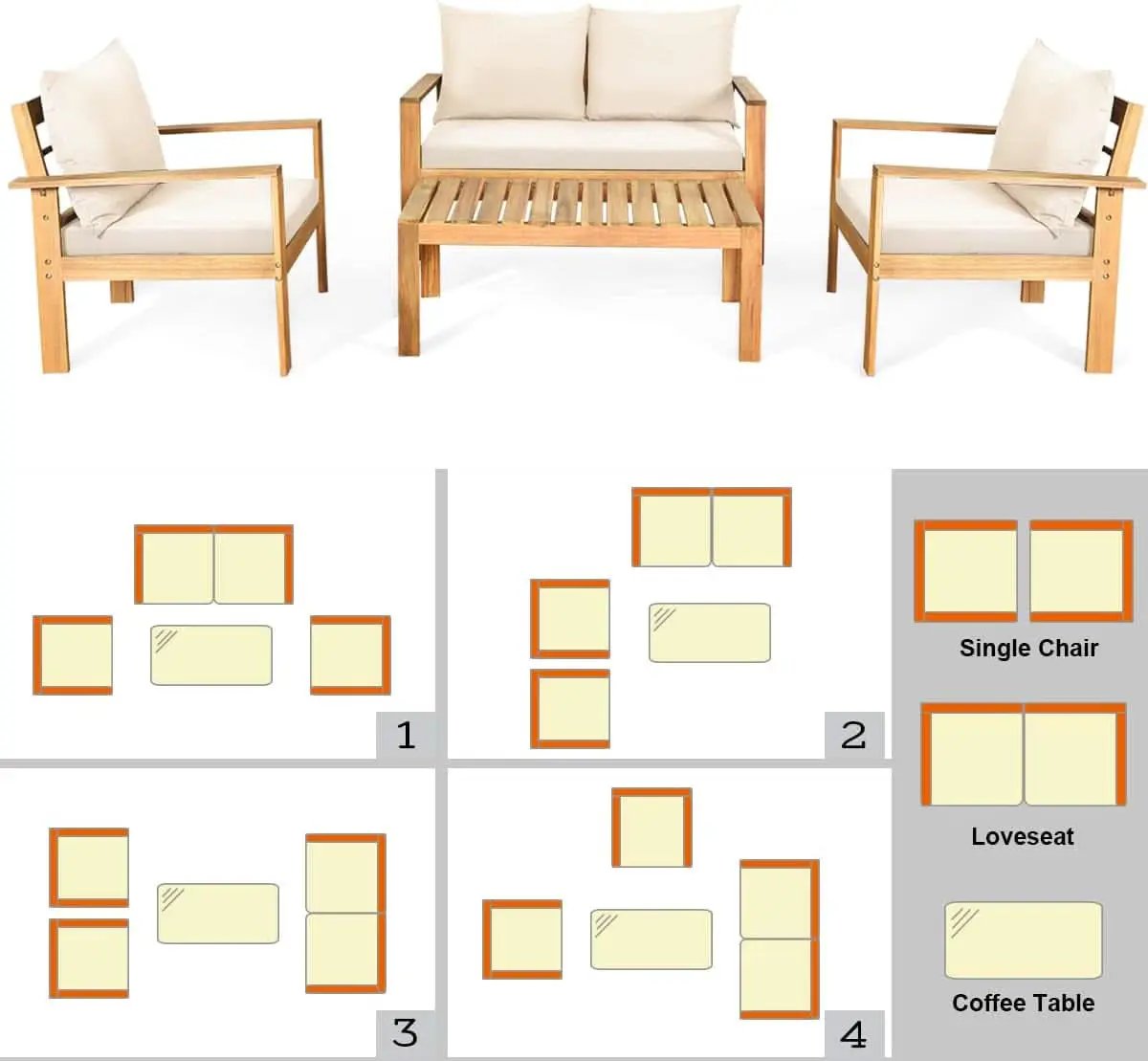 Outdoor Acacia Wood 4-Piece Chat Set Teak Finish Cushions from PriceLows™