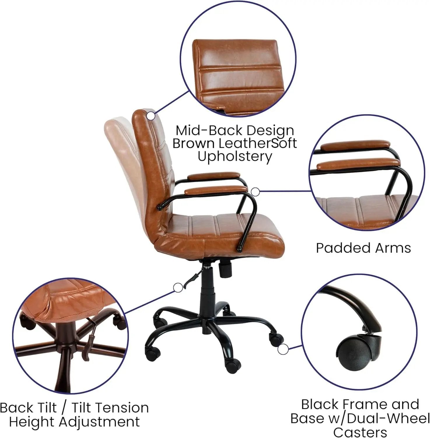 Whitney Mid-Back Leather Desk Chair Brown Black Adjustable Height from PriceLows™