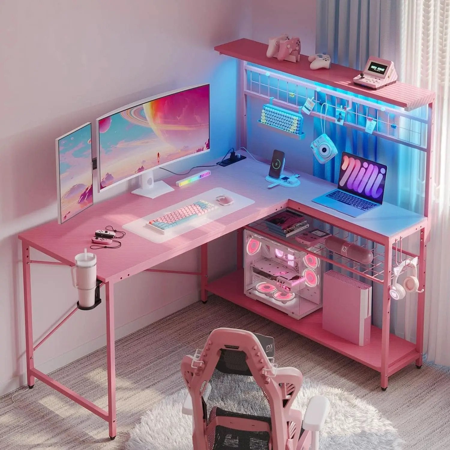 51 Inch L Shaped Gaming Desk Pink With Power Outlets And LED Lights from PriceLows™
