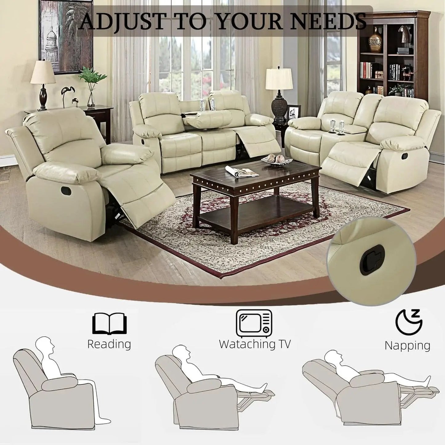 Beige Leather Recliner Sofa Set With Storage And Cup Holder from PriceLows™