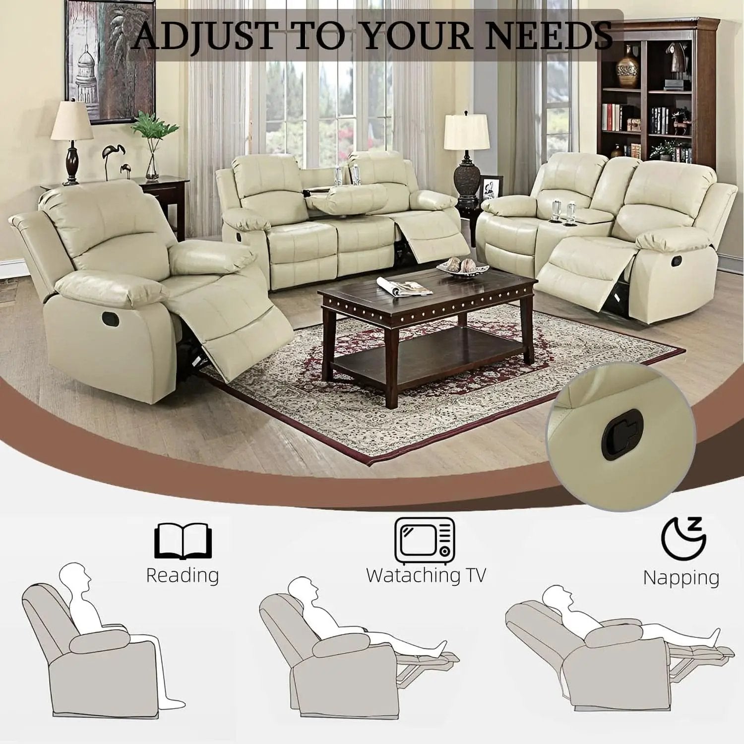 Beige Leather Recliner Sofa Set With Storage And Cup Holder from PriceLows™