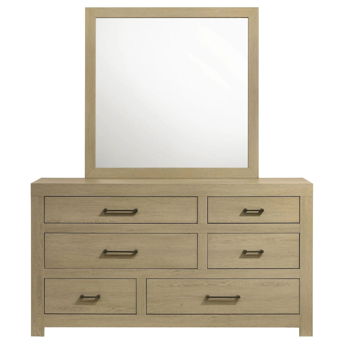 Hendricks 6-drawer Bedroom Dresser and Mirror | 60 x 16.75 x 73 in | Rubberwood & Engineered Wood | Light Oak