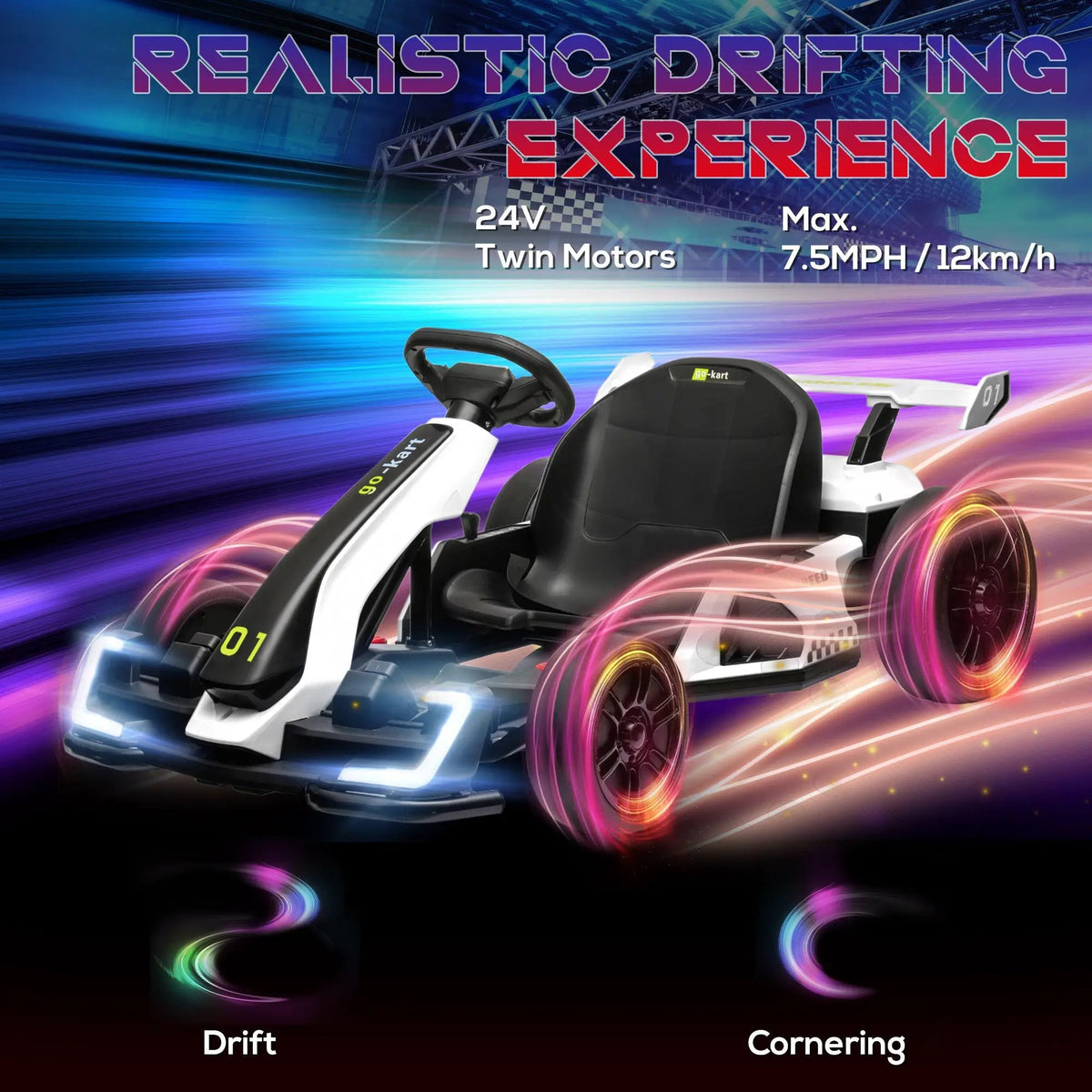 Electric Go Kart | 24V Motor | 7.5 MPH | White Adjustable Seat