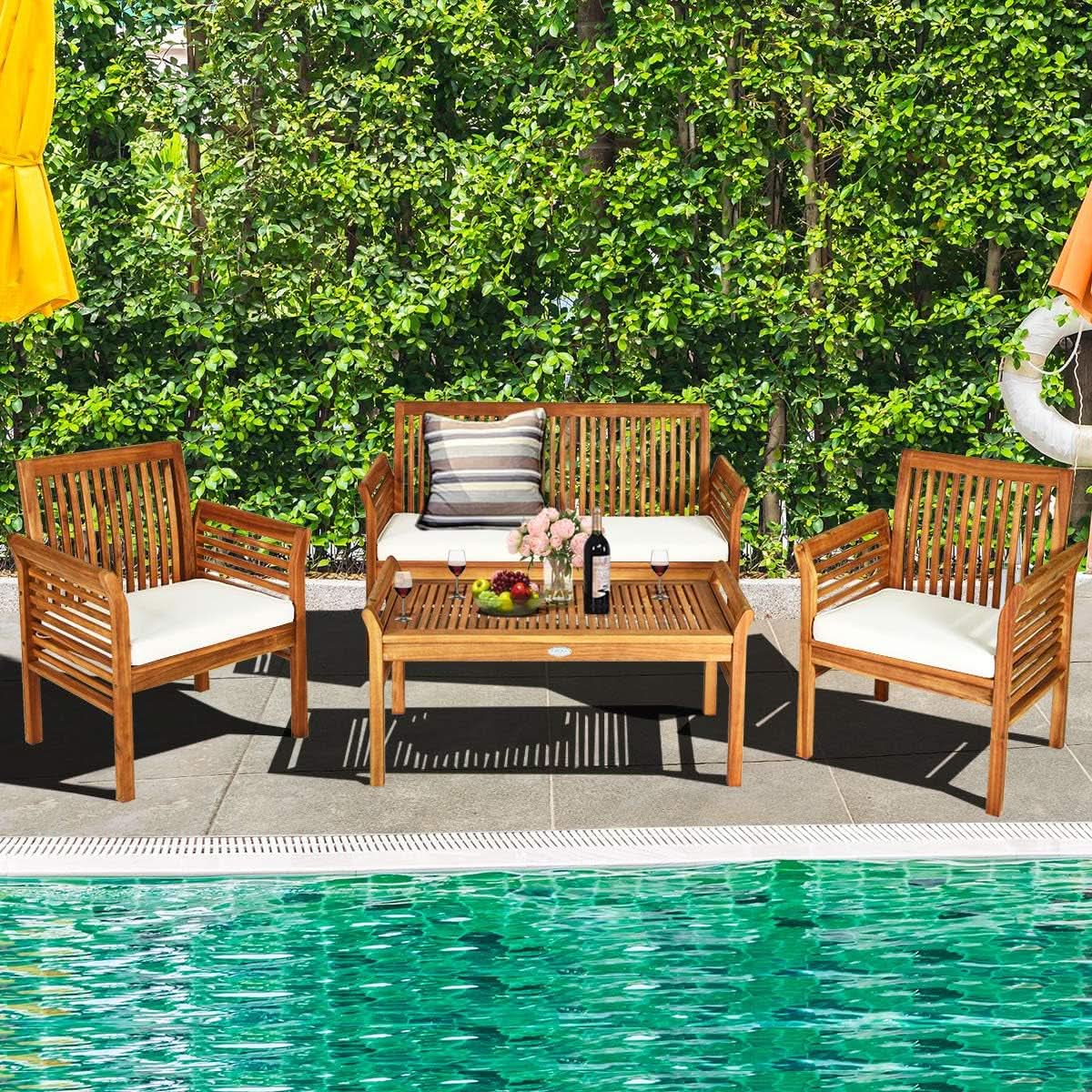 Outdoor Acacia Wood 4 Piece Sofa Set With Water Resistant Cushions Coffee Table from PriceLows™