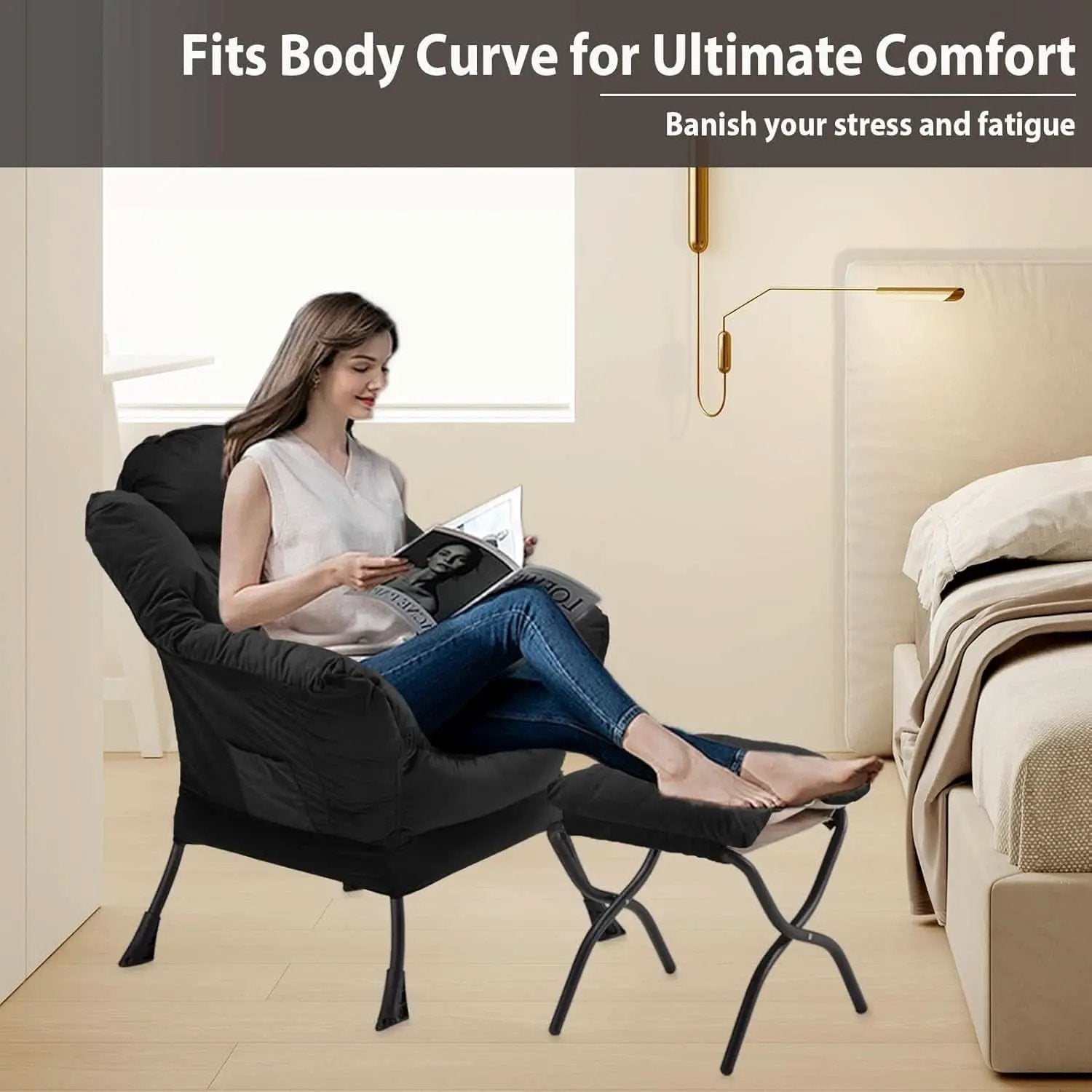 Black Velvet Folding Ottoman Lounge Chair With Footrest from PriceLows™