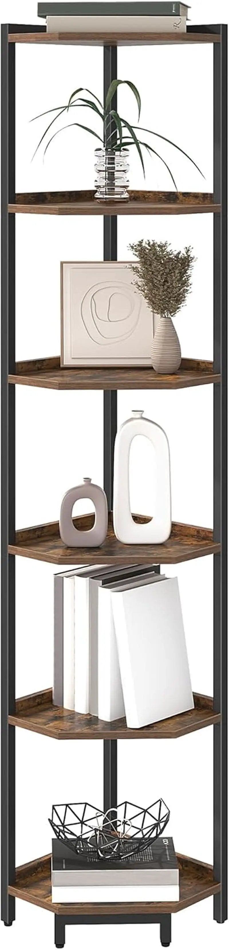 6-Tier Rustic Brown Corner Shelf Stand For Living Room from PriceLows™
