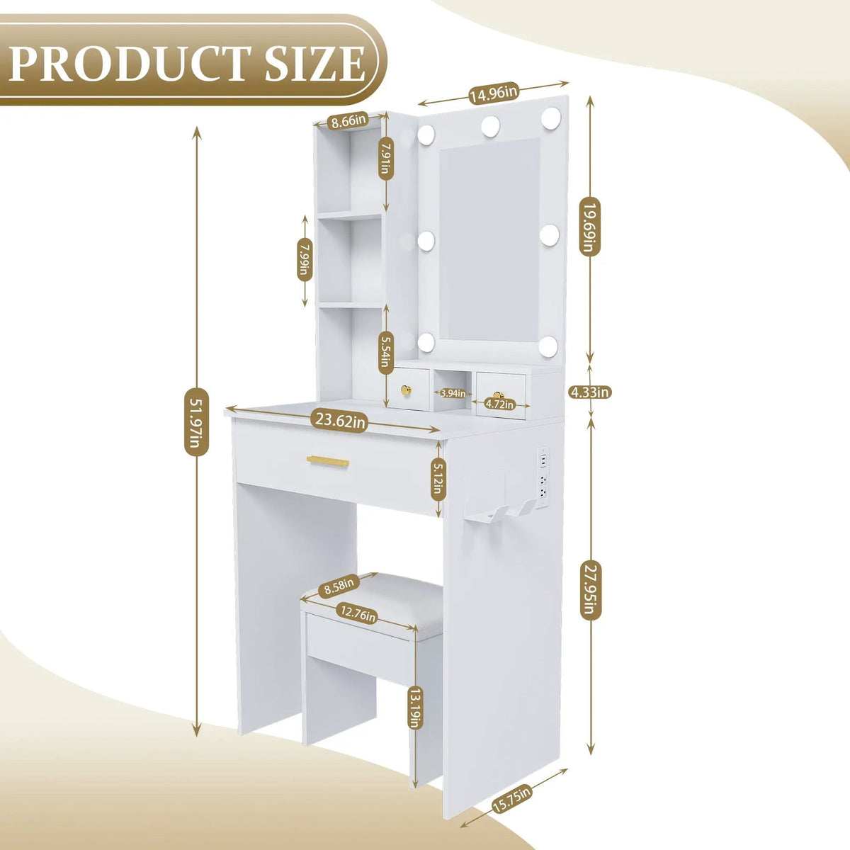 Vanity Table | LED Mirror | Power Outlet | Includes Stool