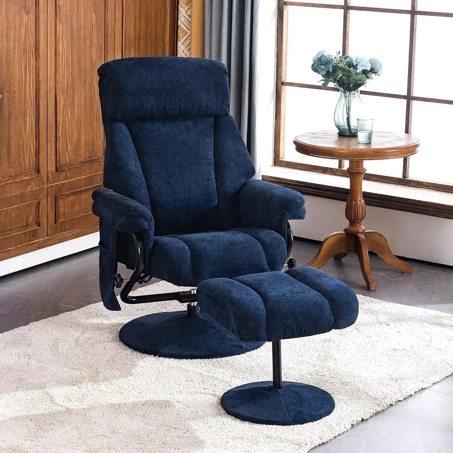 Swivel Recliner With Ottoman And Vibration Massage Blue Textile from PriceLows™