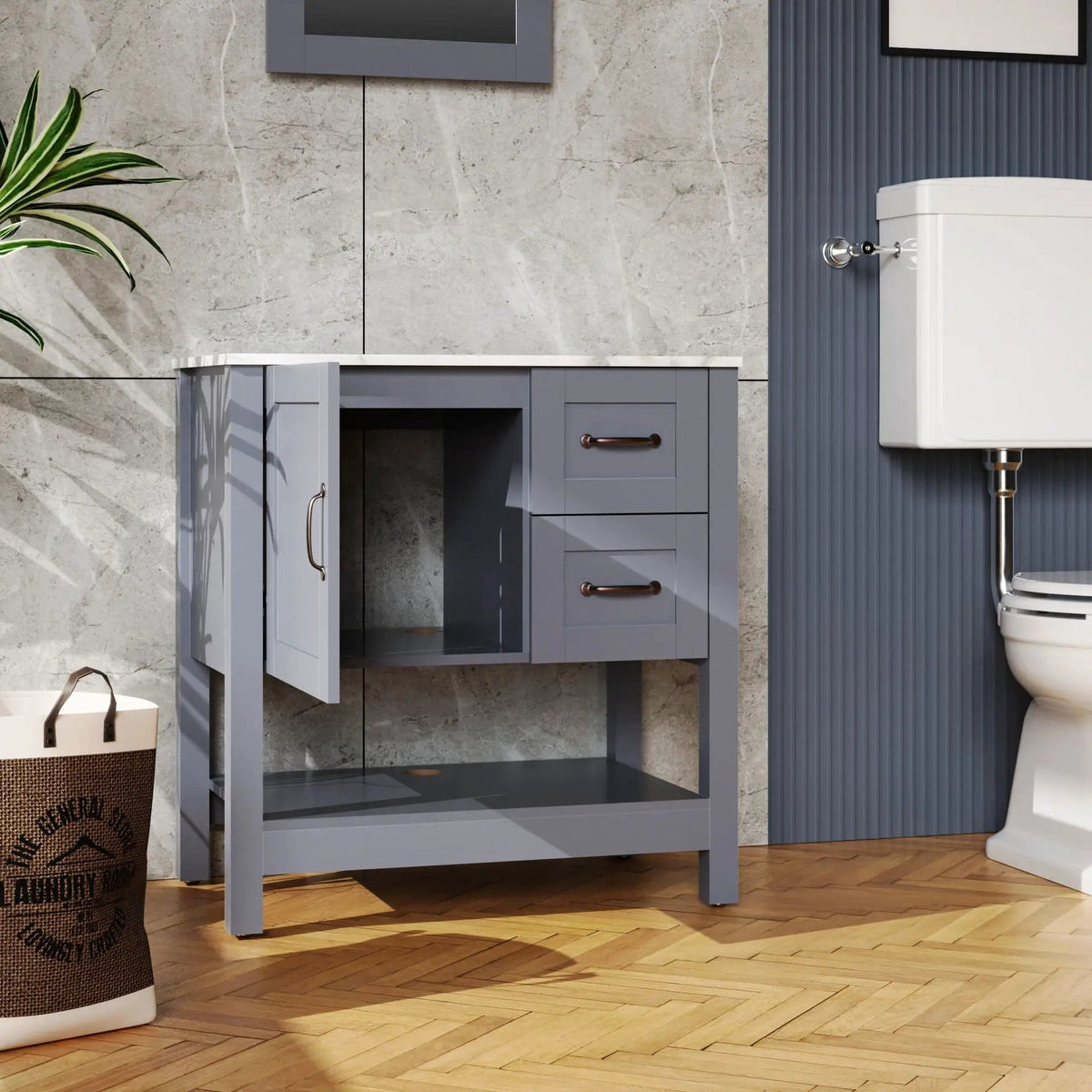 Bathroom Vanity With Mirror And Top Only - | 30 x 18.5 x 31.5 in | Marble & Stainless Steel | Gray