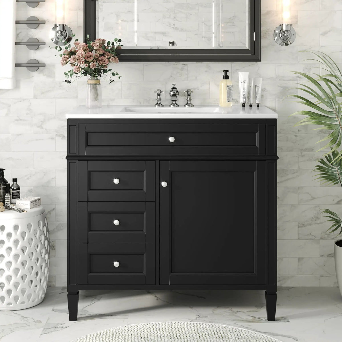 36 Inch Bathroom Vanity With Top Sink | 3 Drawers | Metal Drawer Slides | Ceramic Sink