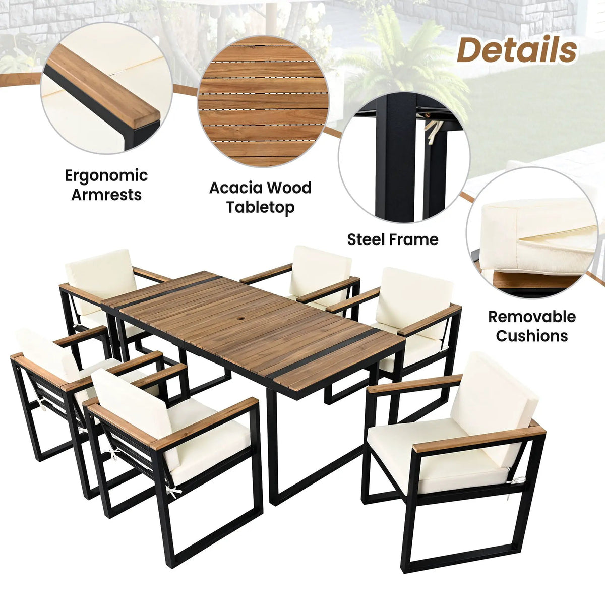 7-Piece Outdoor Dining Set | Acacia Wood And Steel Frame | Removable Cushions | Patio Table And Chairs