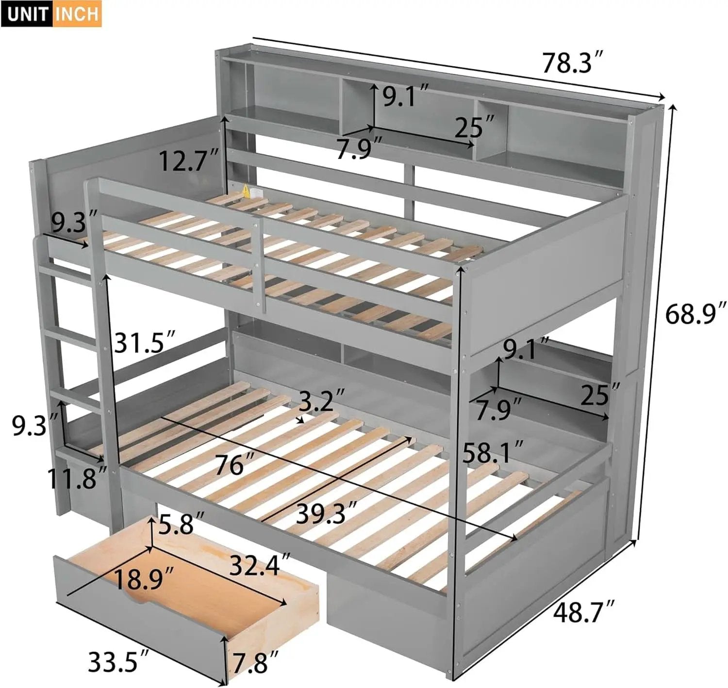 Grey Wood Twin Over Twin Bunk Bed With Storage Shelves And Drawer from PriceLows™