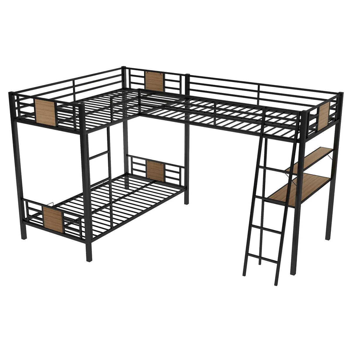 L-Shaped Twin Bunk Bed | Built In Desk | Twin Over Twin | Brown