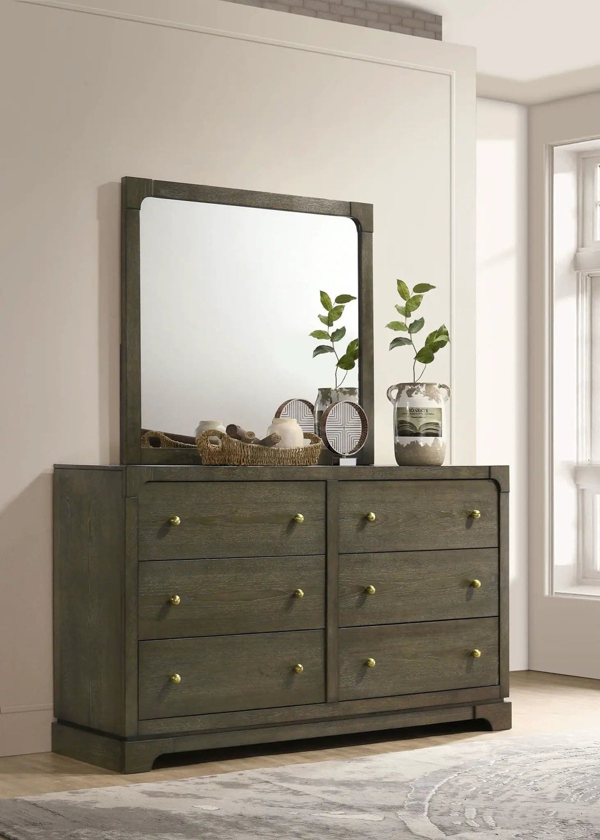Gran Park 6-drawer Dresser and Mirror Dark Cocoa | 61 x 18.25 x 72.75 in | Veneer & Brass | Bedroom